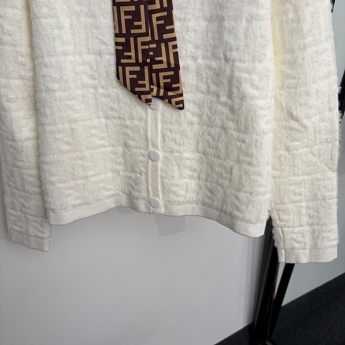 Fluffy F Letter Jacquard Bow Tie Long Sleeve Knit Cardigan