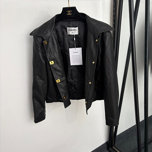 Chic Gold Button Lapel Collar Long Sleeve PU Leather Jacket
