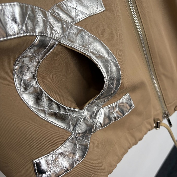 Silver Graphic Leather Patch Drawstring Waist Short Trench Coat