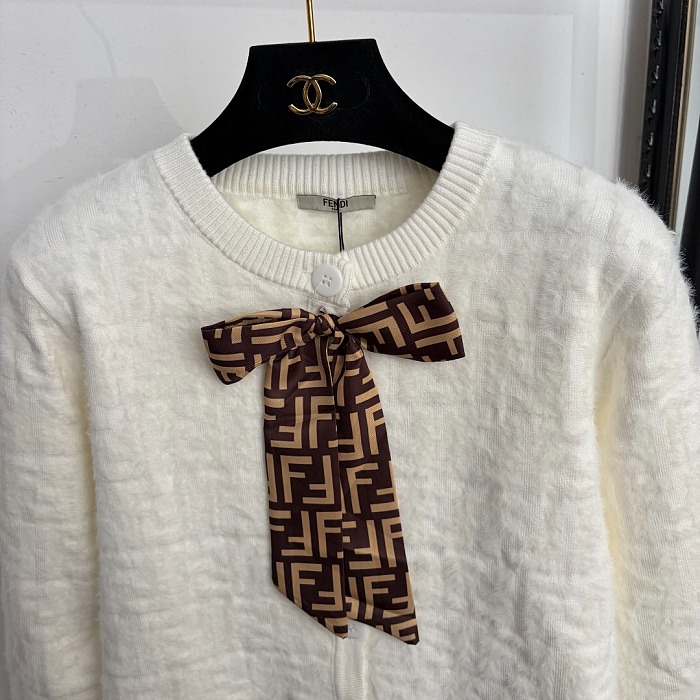 Fluffy F Letter Jacquard Bow Tie Long Sleeve Knit Cardigan