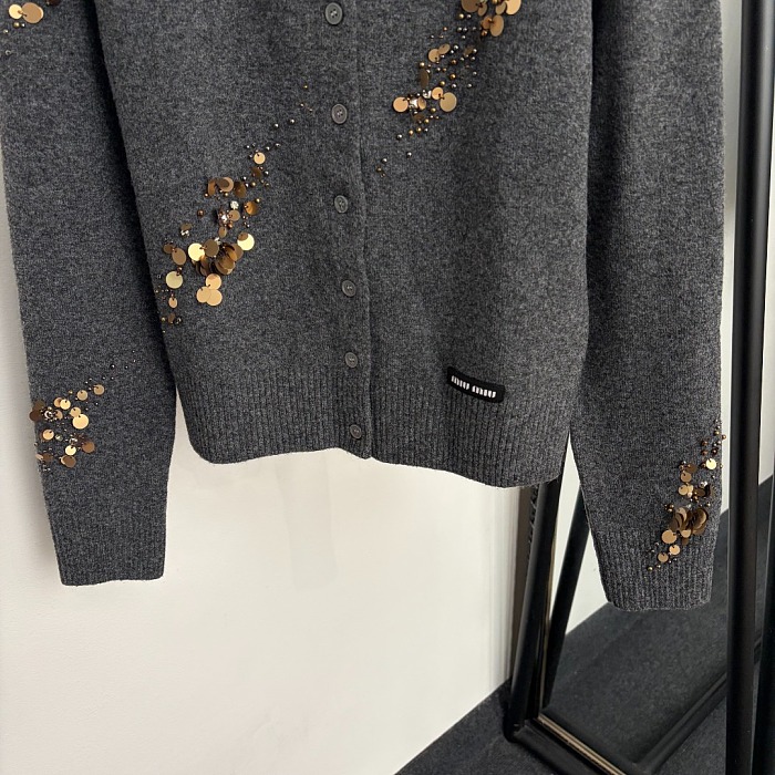 Beaded Sequin Embellished Wool Blend Long Sleeve Knit Cardigan