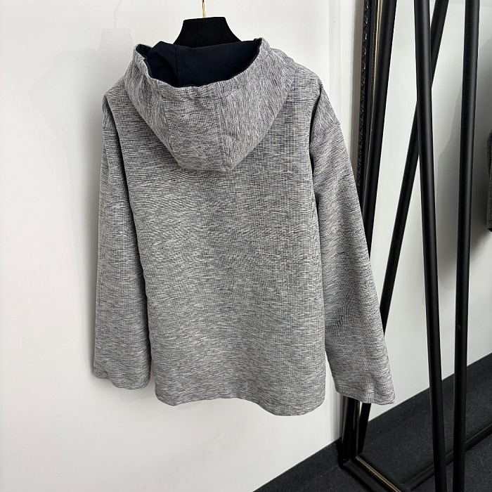 Double Sided Embroidered Pocket Hooded Zip Up Jacket