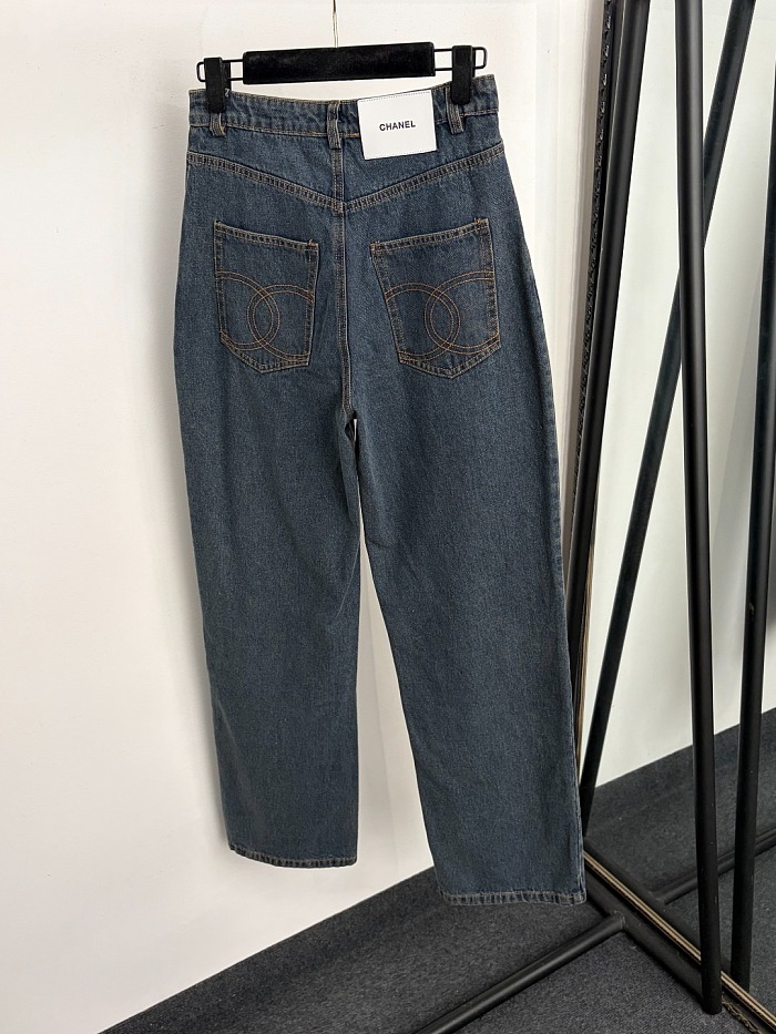 Double C Embroidered Pocket Minimalist Casual Denim Long Pants