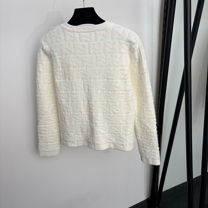 Fluffy F Letter Jacquard Bow Tie Long Sleeve Knit Cardigan