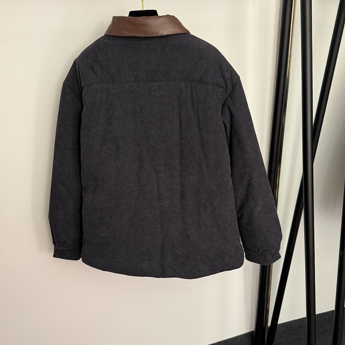Contrast Leather Collar Corduroy Button Up Padded Jacket