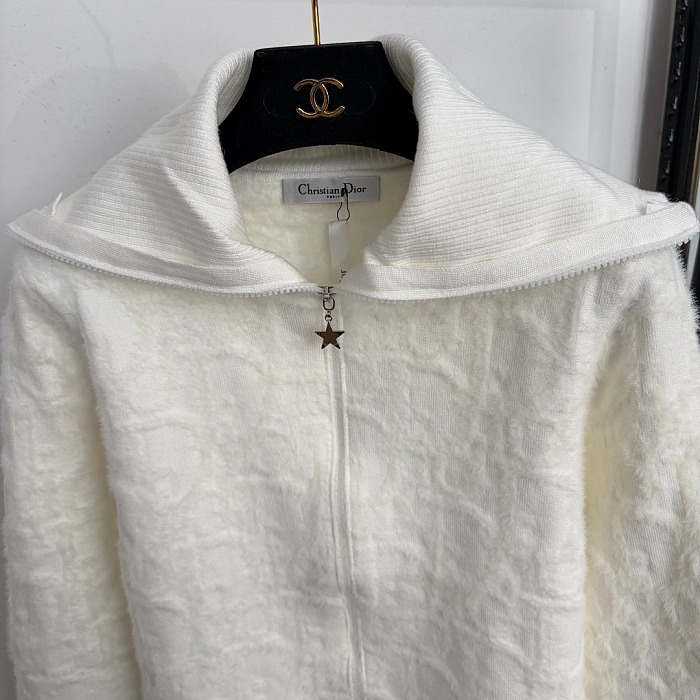 Plush Jacquard Lapel Zip Up Knit Cardigan