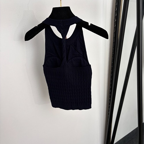 Rhinestone Letter Detail Ribbed Knit Cami Top With Built In Chest Pad