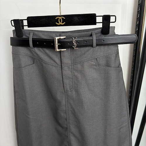 Letter Embroidered High Waist Split Tailored Midi Skirt With Belt