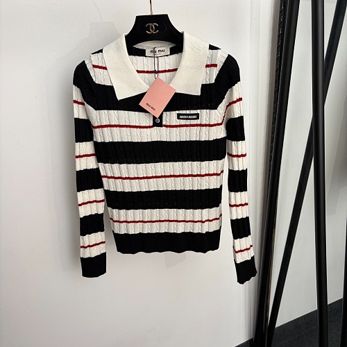 Striped Letter Graphic Polo Collar Wool Knit Top