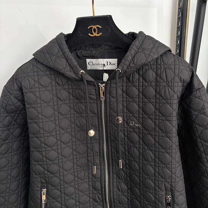 Diamond Quilted Embroidered Hooded Long Sleeve Puffer Jacket