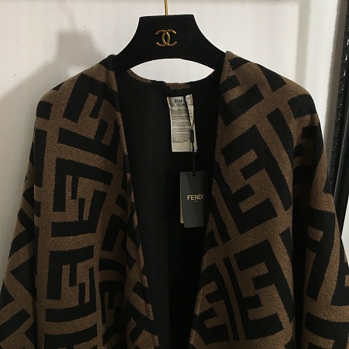 Monogram Pattern Fringe Trim Open Front Knit Cape Poncho