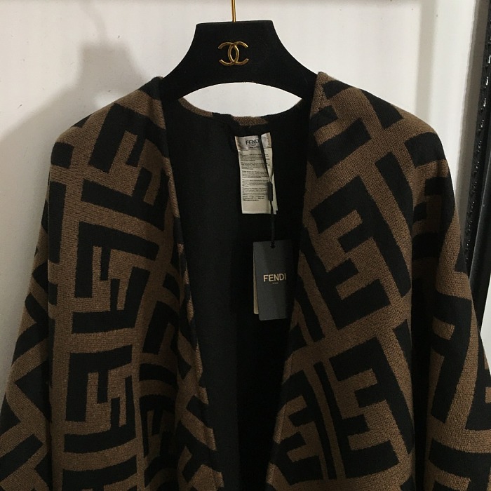 Monogram Pattern Fringe Trim Open Front Knit Cape Poncho