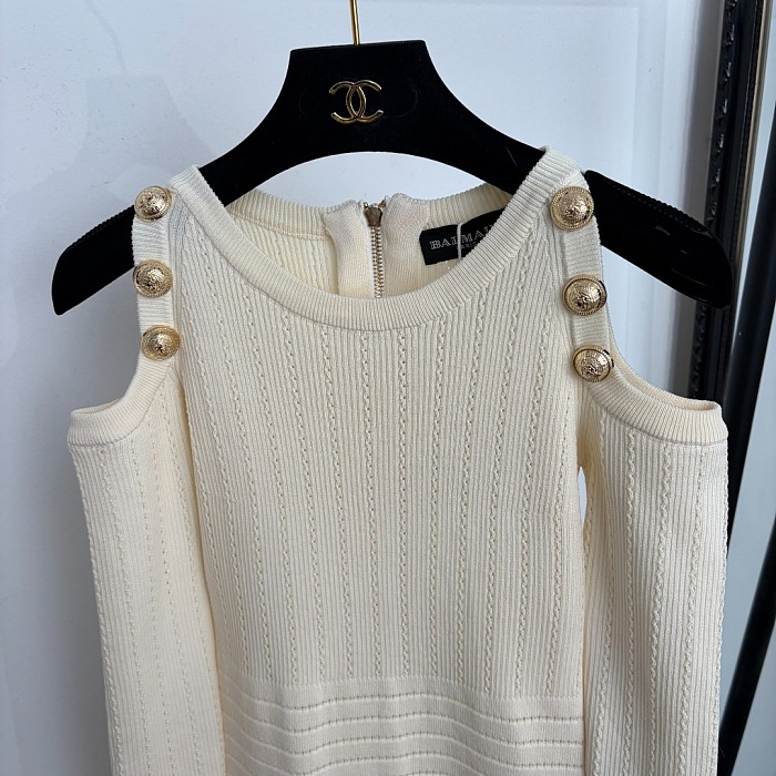 Off Shoulder Gold Button Back Zipper Knit Maxi Dress