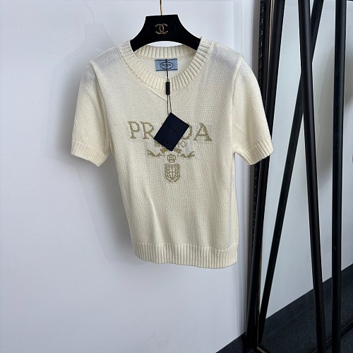 Metallic Jacquard Letter Print Short Sleeve Knit Top