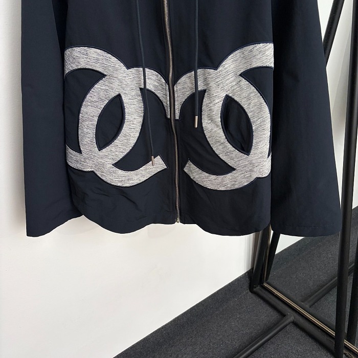 Double Sided Embroidered Pocket Hooded Zip Up Jacket