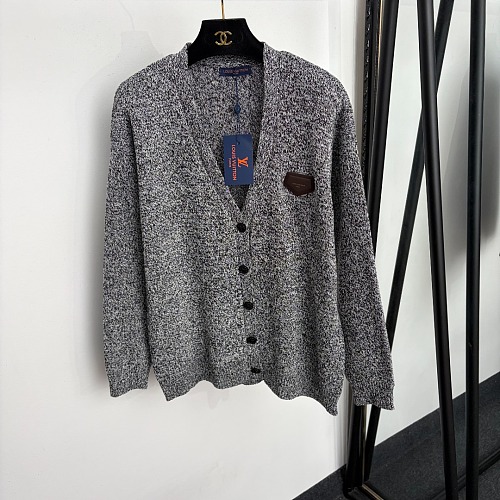 Grey V-Neck Faux Leather Patch Long Sleeve Knit Cardigan