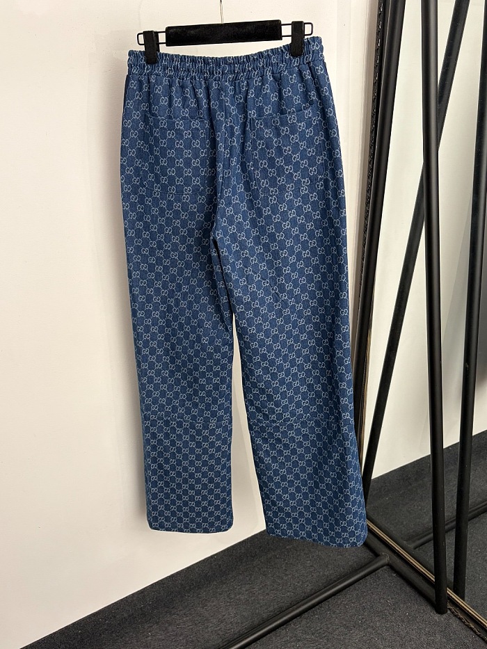 Monogram Jacquard Long Sleeve Denim Jacket And Side Stripe Wide Leg Jeans Set