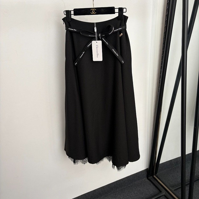 Lace Patchwork Hem Letter Belted High Waist Tailored Midi Skirt