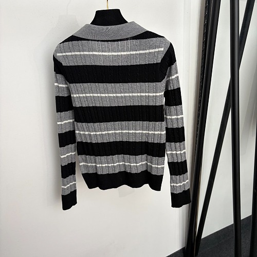 Striped Letter Graphic Polo Collar Wool Knit Top