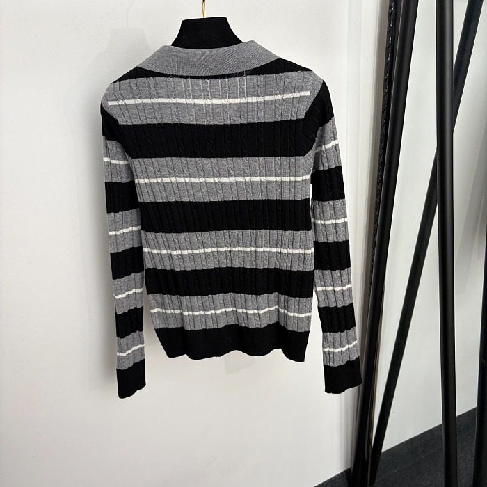 Striped Letter Graphic Polo Collar Wool Knit Top