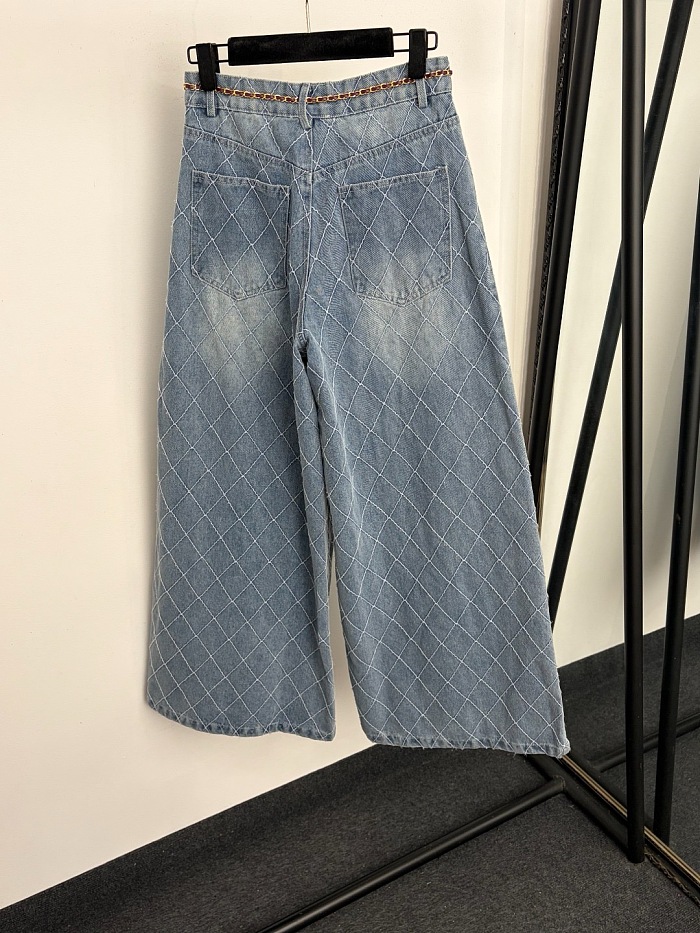 Diamond Quilted Chain Waist High Waist Wide Leg Denim Pants