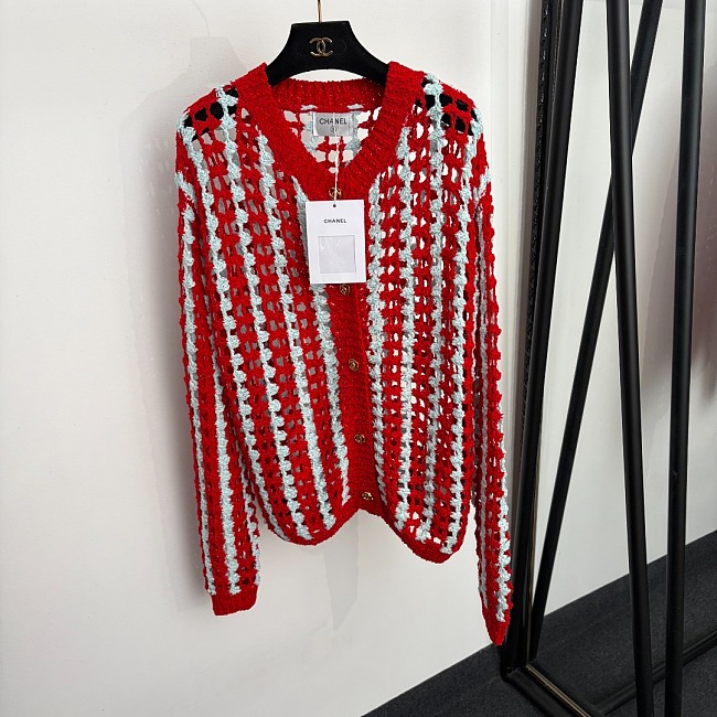 Striped Button Up Open Knit Cardigan With Chic Accent