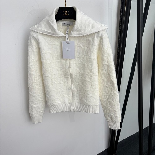 Plush Jacquard Lapel Zip Up Knit Cardigan