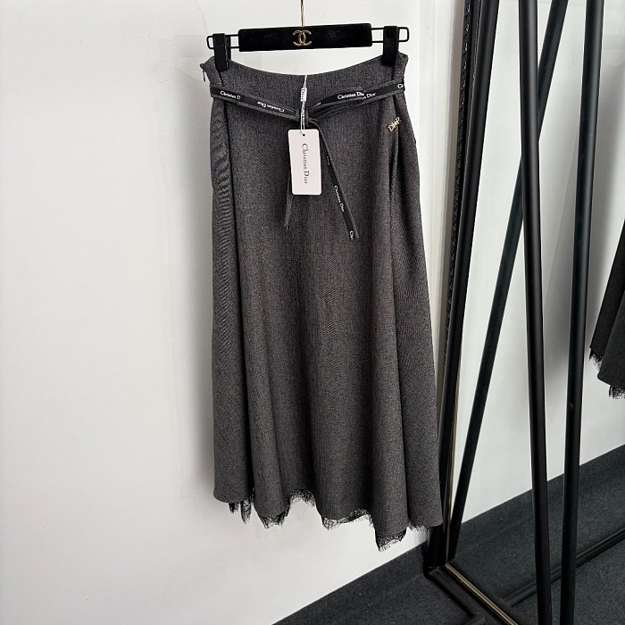 Lace Patchwork Hem Letter Belted High Waist Tailored Midi Skirt