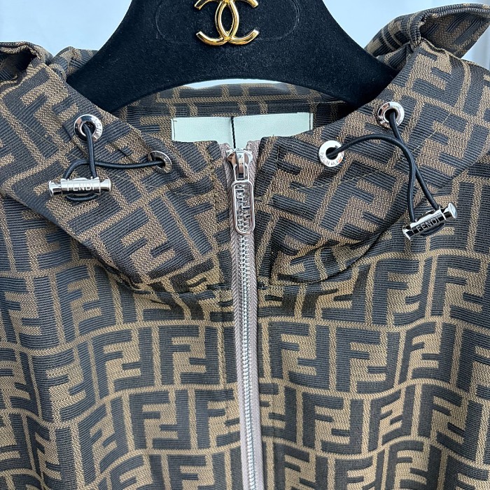Monogram Jacquard Letter Print Drawstring Hooded Windbreaker Coat