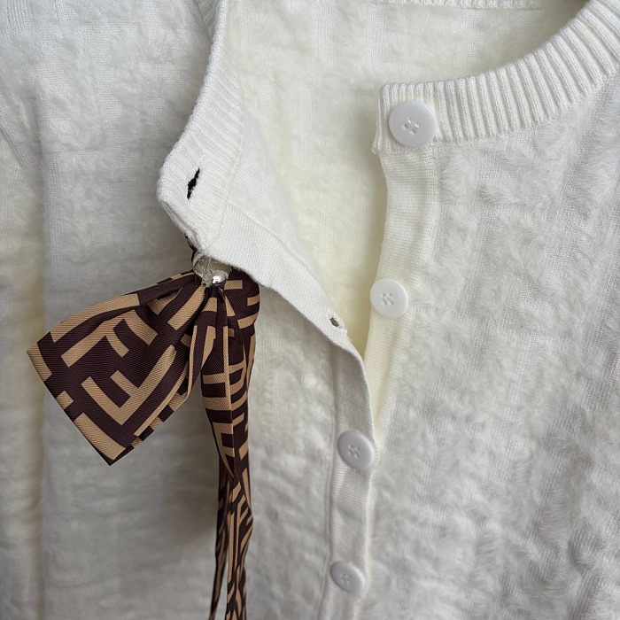 Fluffy F Letter Jacquard Bow Tie Long Sleeve Knit Cardigan