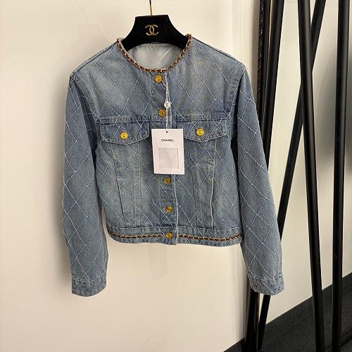 Diamond Quilted Chain Trim Crew Neck Denim Jacket