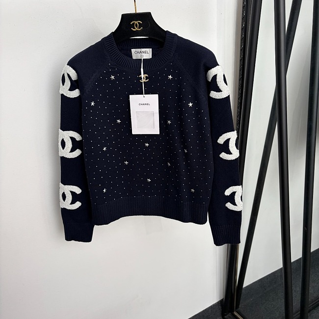 Letter Print Terry Embroidery Star Rhinestone Pullover Knit Sweater