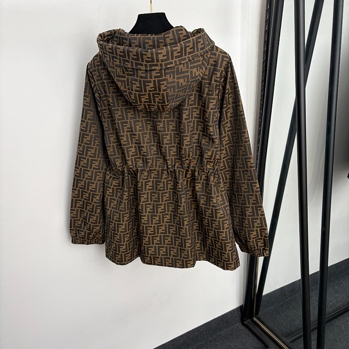 Monogram Jacquard Letter Print Drawstring Hooded Windbreaker Coat