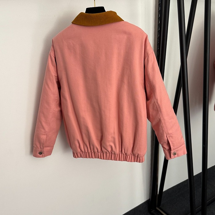 Embroidered Letter Patch Corduroy Panel Zip Up Puffer Jacket
