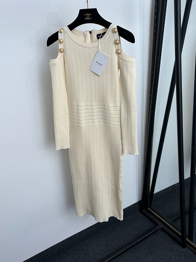 Off Shoulder Gold Button Back Zipper Knit Maxi Dress