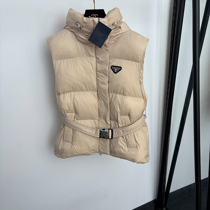 Puffer Hooded Vest With Geometric Icon Detail And Buckle Belt