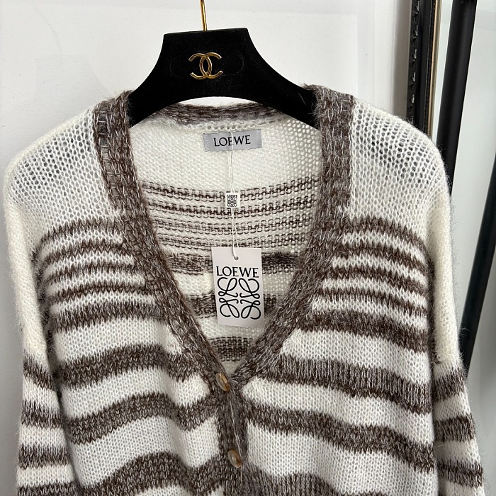 Striped V-Neck 3D Graphic Embroidered Jacquard Mohair Knit Cardigan
