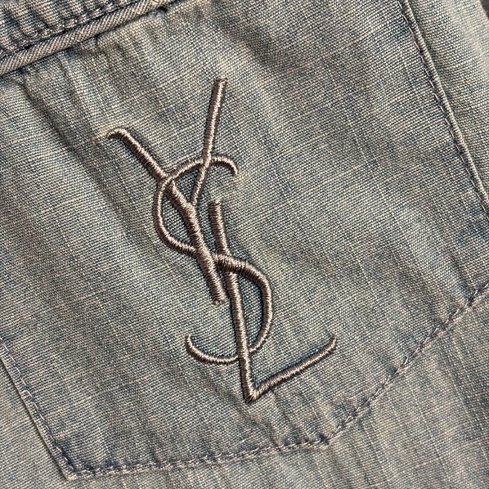 Letter Embroidered Single Pocket Long Sleeve Denim Shirt