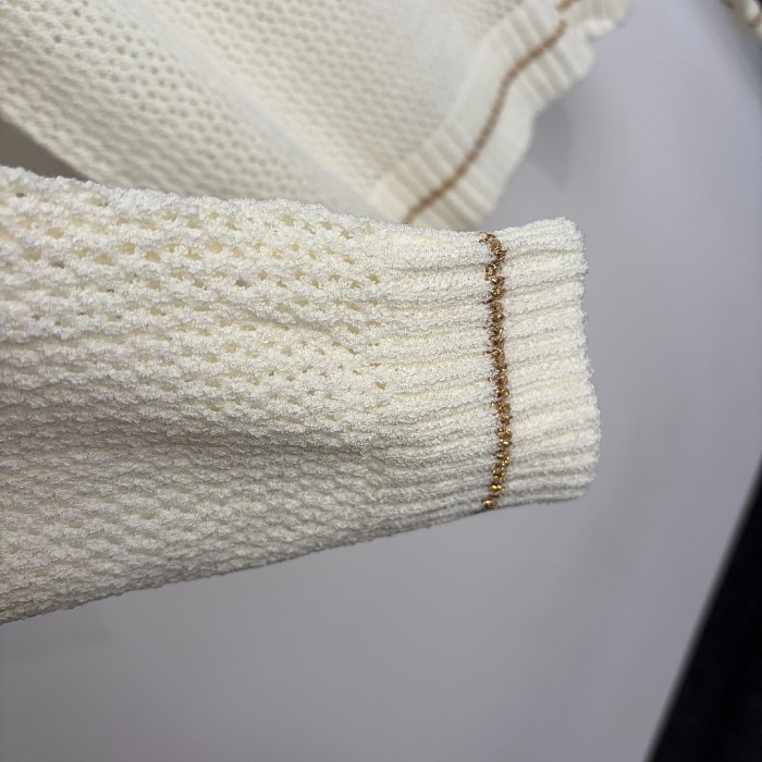 Metallic Letter Jacquard Sheer Mesh Long Sleeve Knitted Top