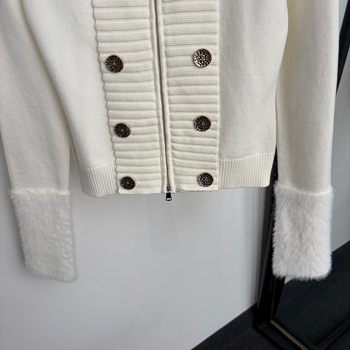 Fuzzy Lapel Double Breasted Long Sleeve Knit Cardigan Top