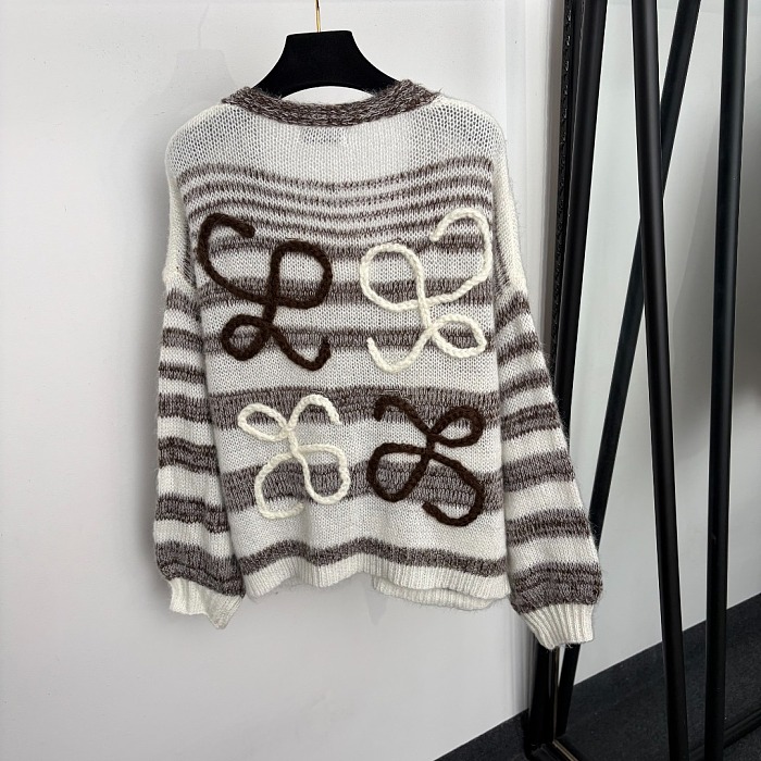 Striped V-Neck 3D Graphic Embroidered Jacquard Mohair Knit Cardigan