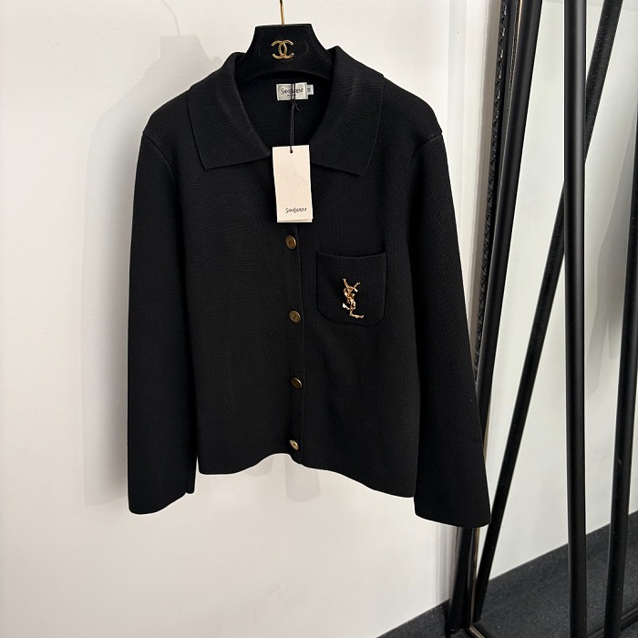 Metal Letter Brooch Single Pocket Lapel Knit Cardigan Jacket