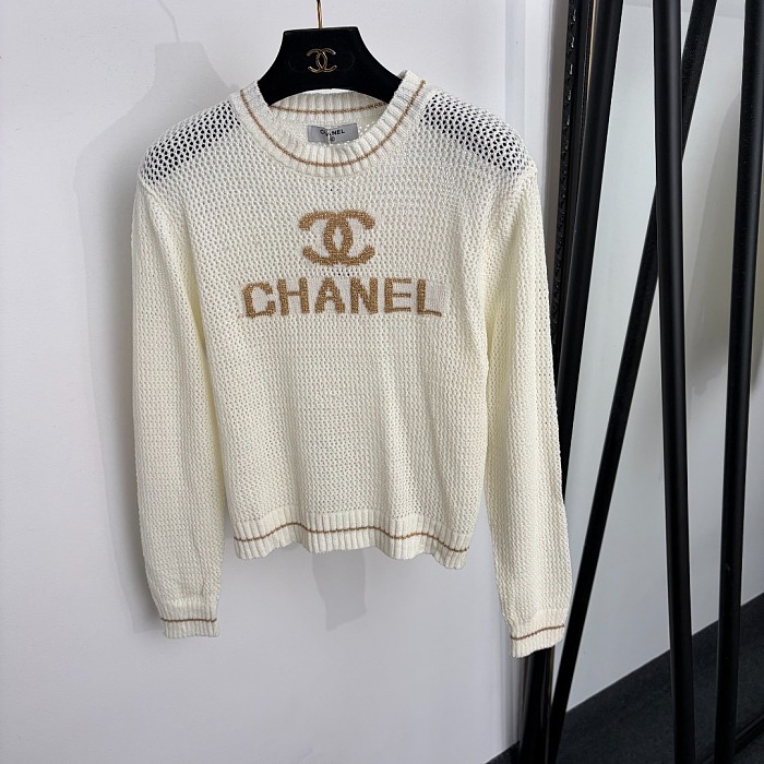 Metallic Letter Jacquard Sheer Mesh Long Sleeve Knitted Top