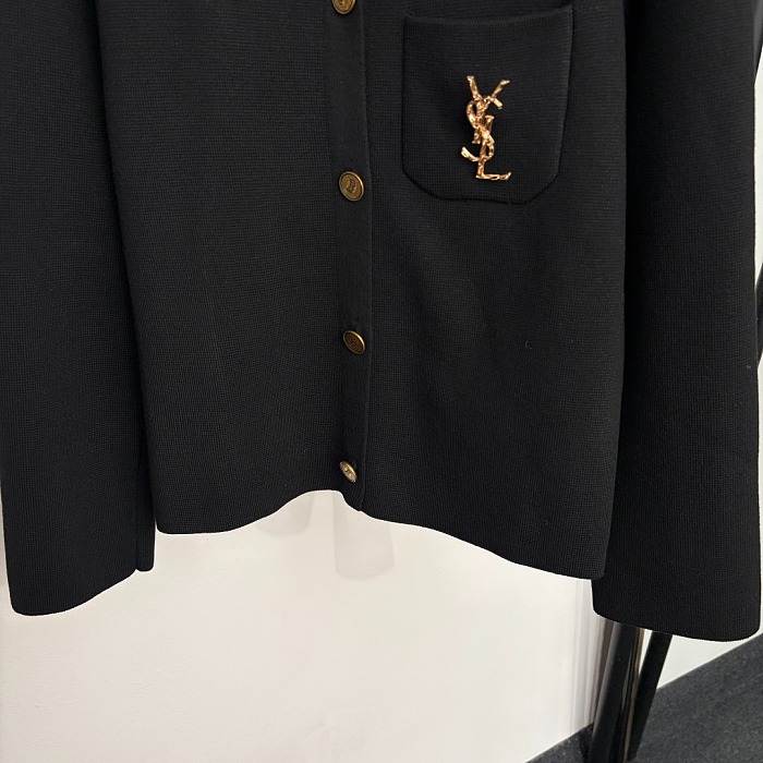 Metal Letter Brooch Single Pocket Lapel Knit Cardigan Jacket