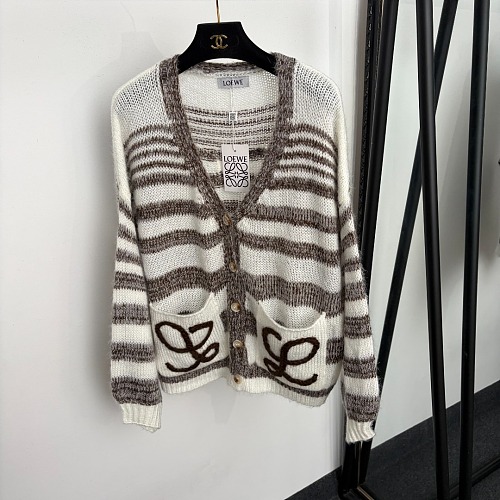 Striped V-Neck 3D Graphic Embroidered Jacquard Mohair Knit Cardigan