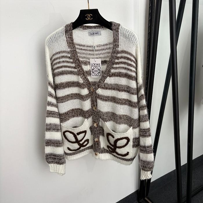 Striped V-Neck 3D Graphic Embroidered Jacquard Mohair Knit Cardigan