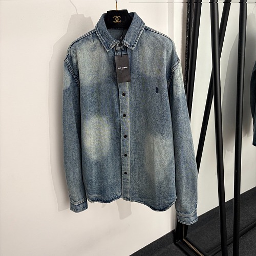 Minimalist Letter Embroidered Distressed Wash Denim Shirt Jacket