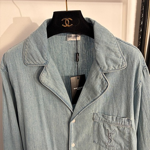 Letter Embroidered Single Pocket Long Sleeve Denim Shirt