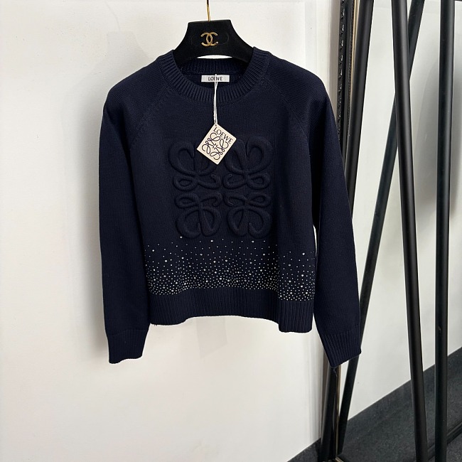 Rhinestone Embossed Icon Detail Long Sleeve Knit Pullover Sweater