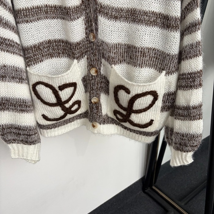 Striped V-Neck 3D Graphic Embroidered Jacquard Mohair Knit Cardigan